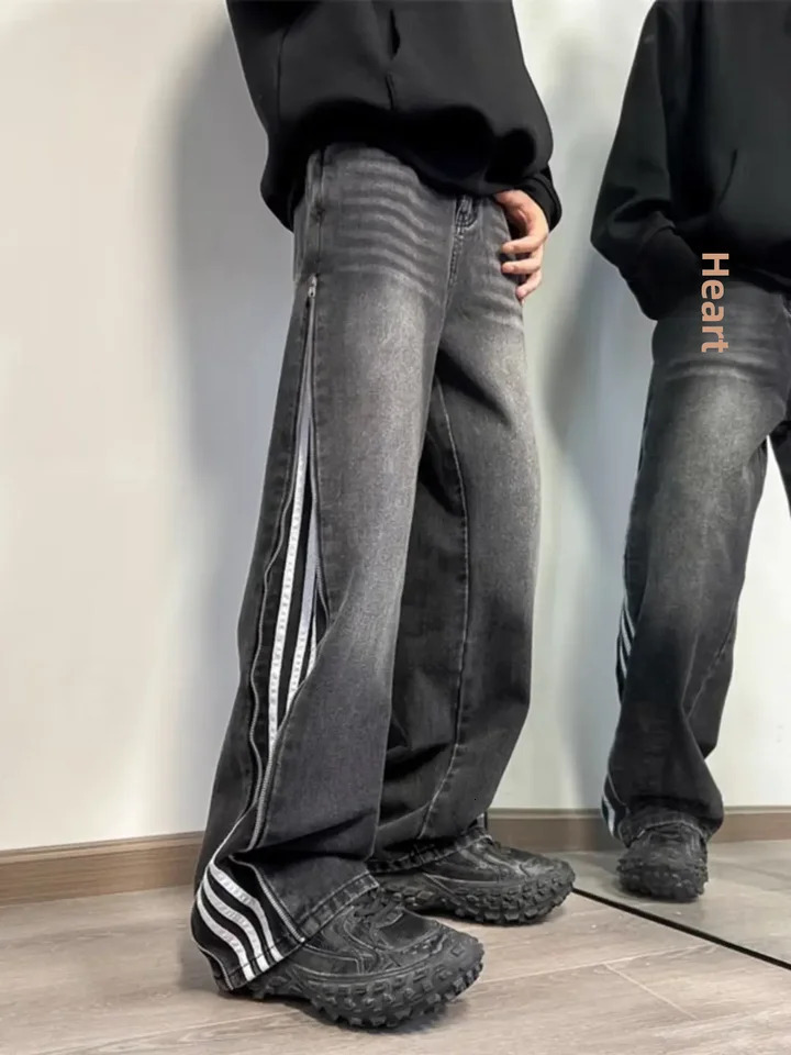 American style retro mens jeans loose fit straight leg casual trend with three stripes embroidered clock bottom 250408