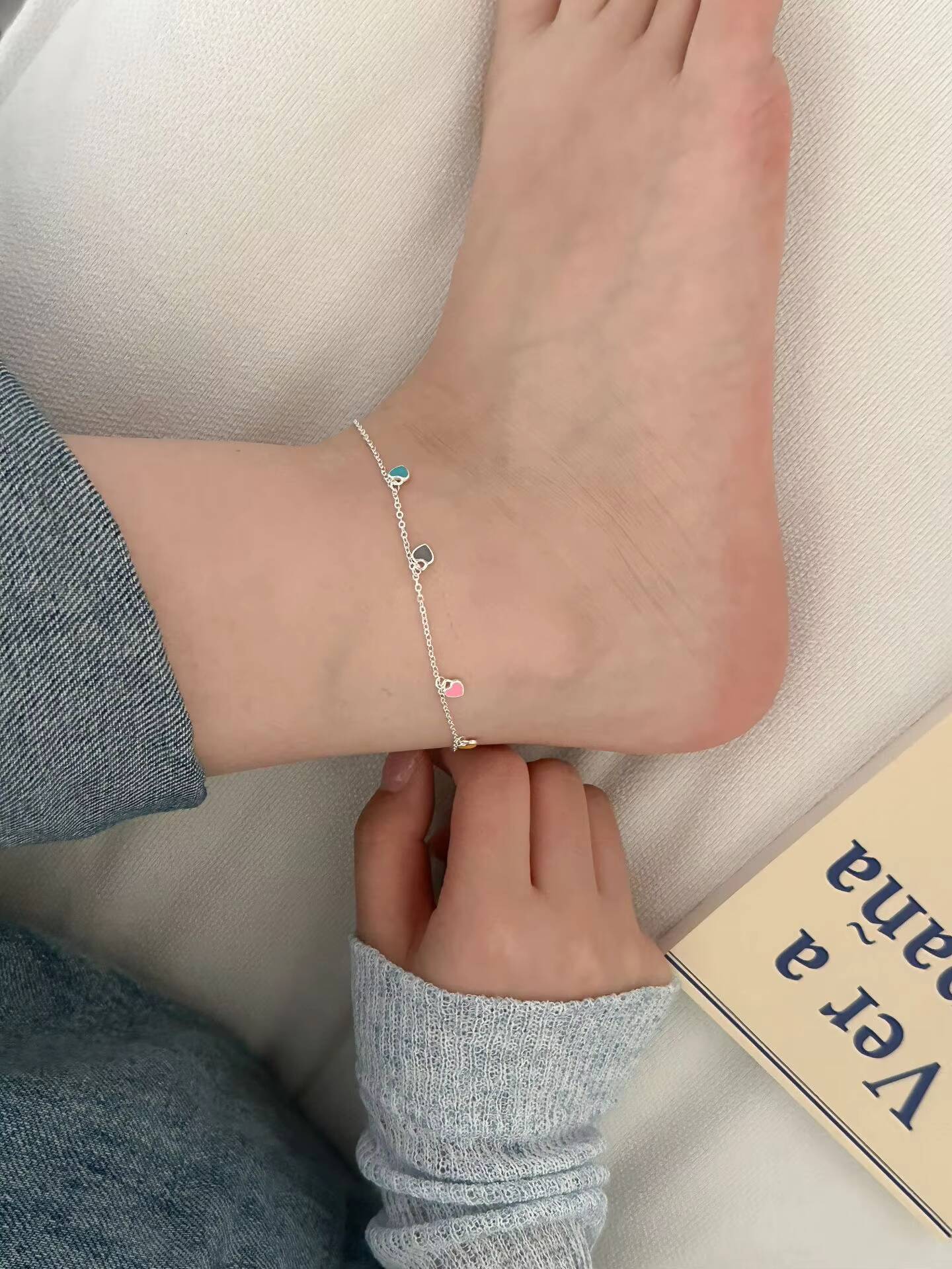 Dainty Small Heart Charm Anklet Colorful Enamel Solid 925 Sterling Silver Anklet