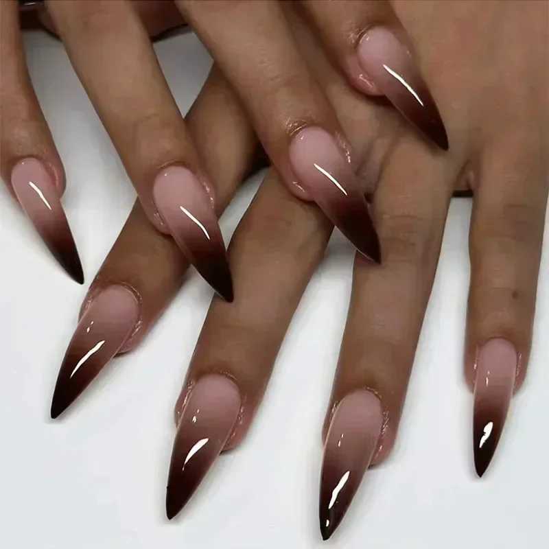 24Pc fake nails with adhesive almond black red gradient design detachable rhinestone acrylic fake nails long and fine lines pressed nails W250410