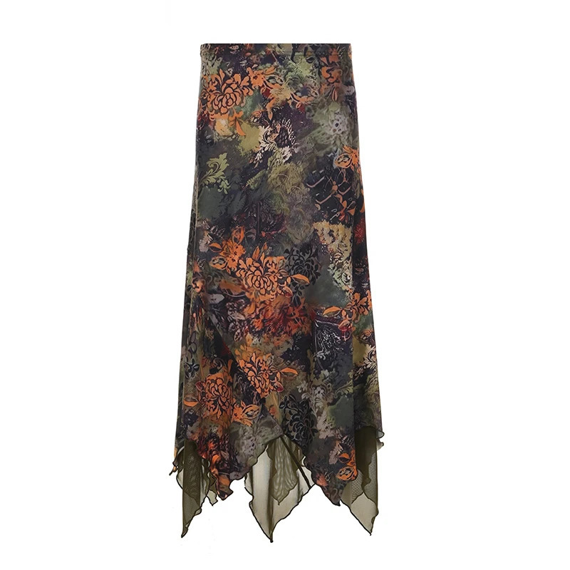 Darlingaga vintage floral print asymmetrical hem skiing women summer low waist weight loss fairy net Pathced 90s set 250407
