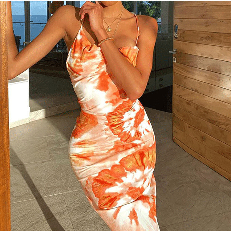 Summer Tie Dye Print Sexy Cross Back Mid length Strap Dress