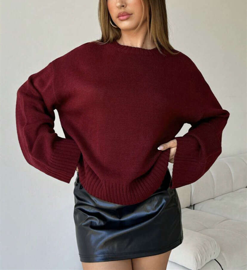 European and American Style Winter New Round Neck Wide Cuff Pullover Loose Solid Color Long Sleeve Versatile Knitted Sweater for Women