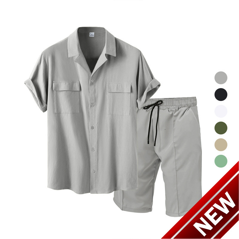 2024 Mens Four sided Elastic Short sleeved Shirt Set Summer Loose Casual Collar Short sleeved Shorts Cardigan Shirt Mens
