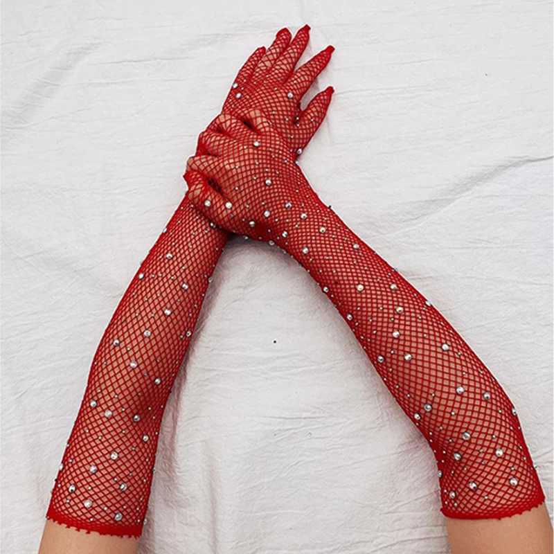 Black White Red Long Mesh Gloves With Rhinestones Hollow Fishing Net Womens Gloves Finger Fancy Cosplay Fishnet Gloves L251110
