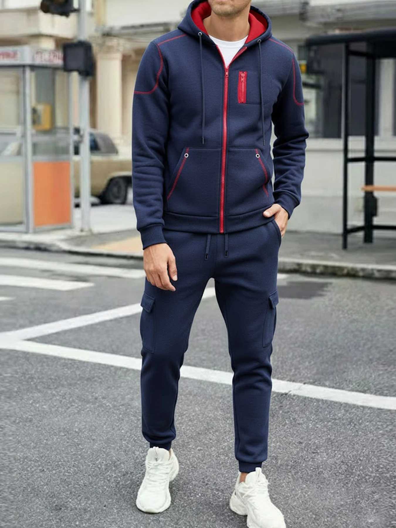 2025 Popular Two-piece Mens Sportswear Autumn Solid Color Jogging Suit Hooded Zipper Jacket Sport Pants Casual Sports Set W251110