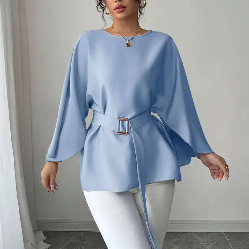 2025 Autumn New Cross-Border Independent Station Wish European and American Elegant Style Solid Color Shirt Blouse Flared Mid-Sleeve Women's Clot