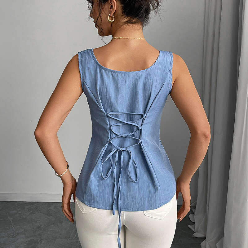 Rui Chuo Cross-Border Indepdt Station Foreign Trade European and American Solid Color Tank 2025 Summer Commuting Style Waist-Cinching Sleeveless Top f