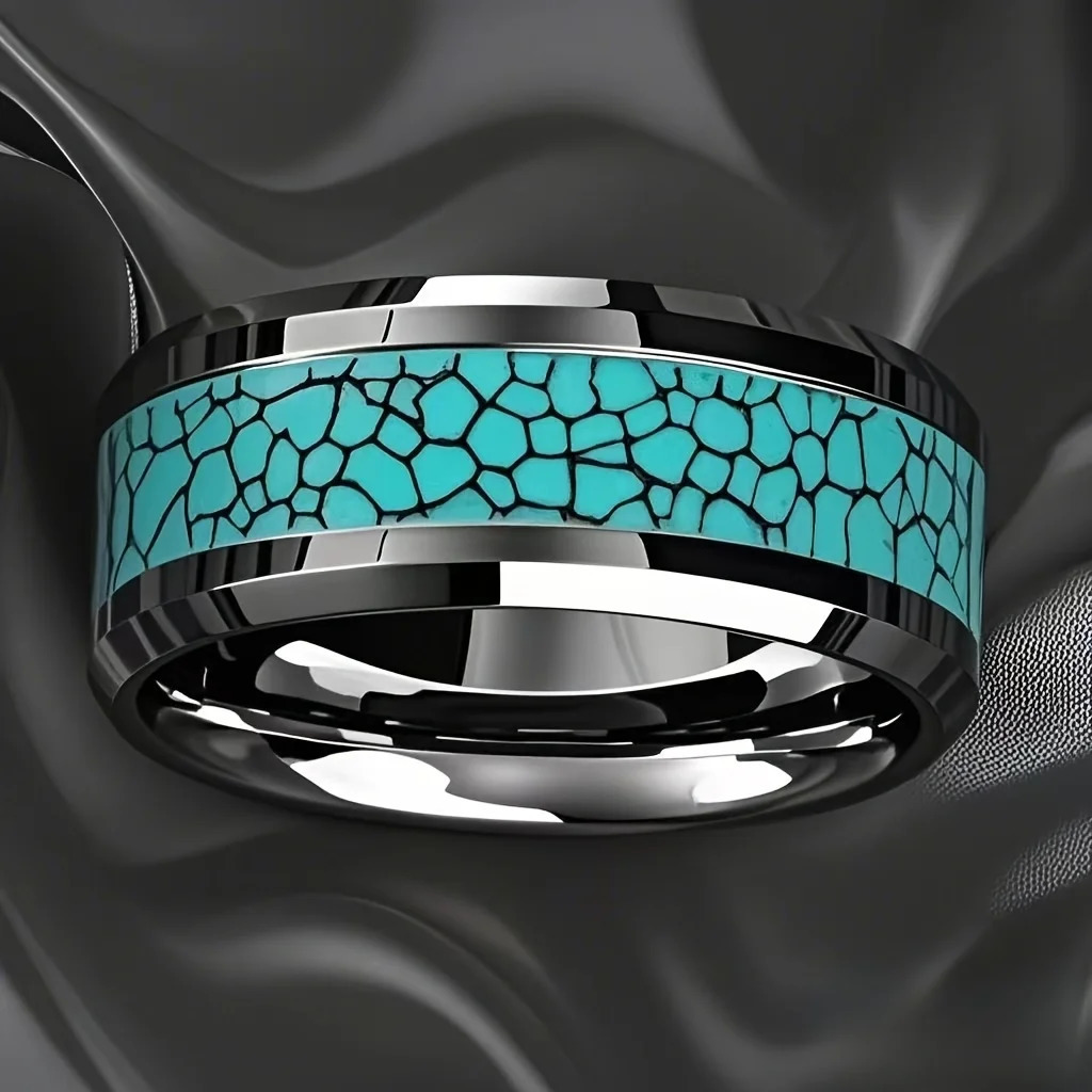 Fashion 8MM Inlay Men Blue Turquoise Rings Beveled Edge Stainless Steel Rings for Men Women Wedding Engagement Band Jewelry Gift 251110