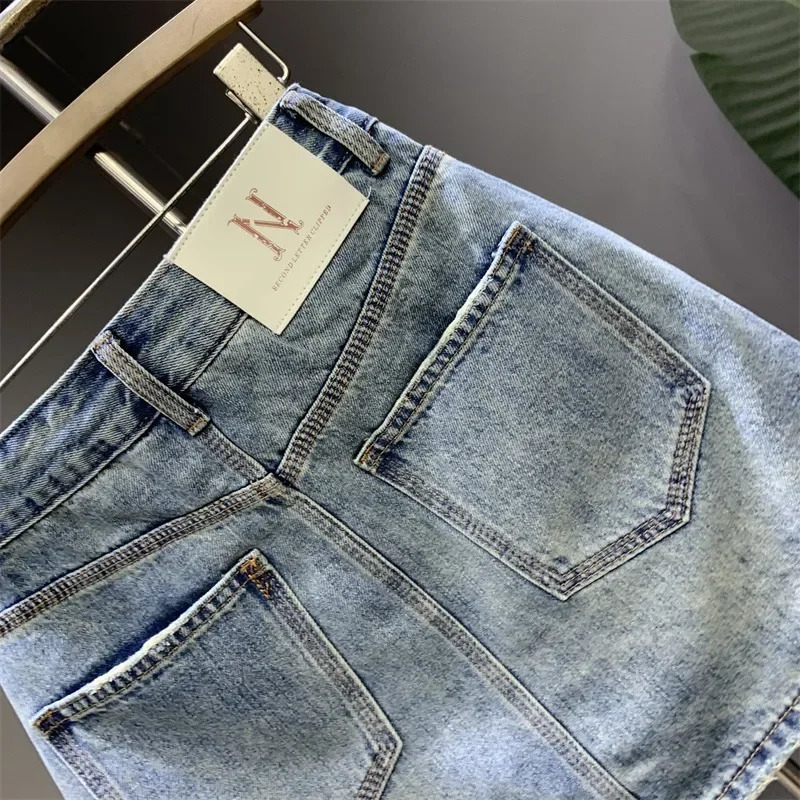 Fashionable pocket light blue washed ALine denim mini dress summer Korean version elegant simple tight fitting clothing 250410
