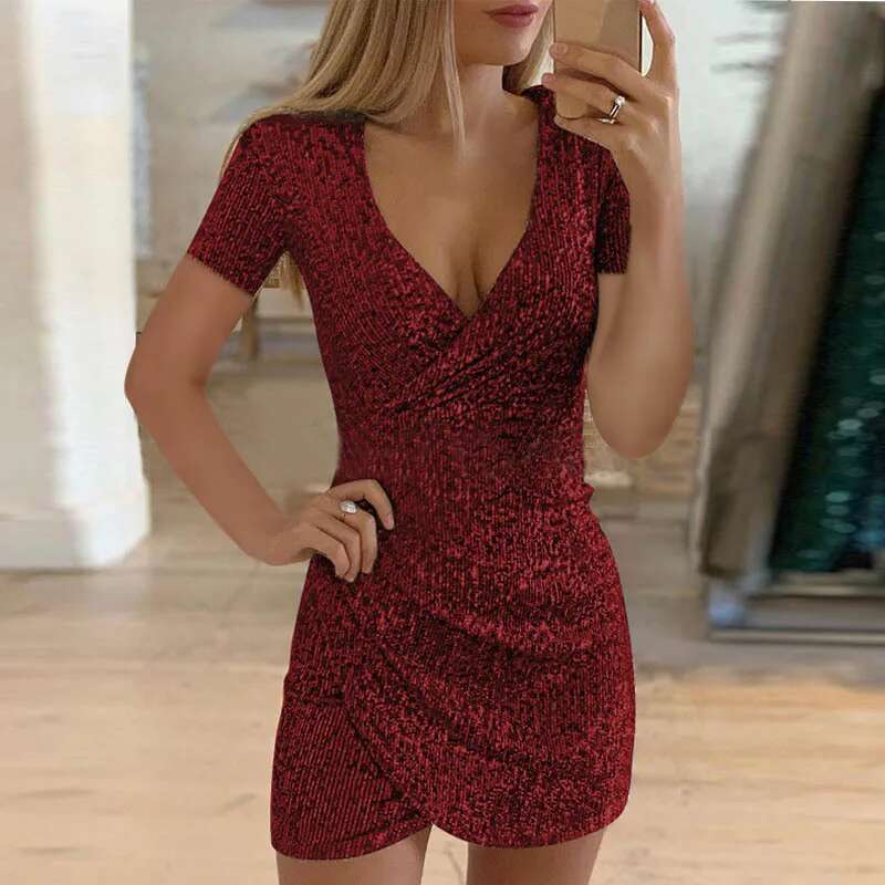 V-Neck Short Sleeve Women Dress Sparkly Sequin Slim Female Elegant Sexy Dresses Dres Party Night Holiday Streetwear 2024