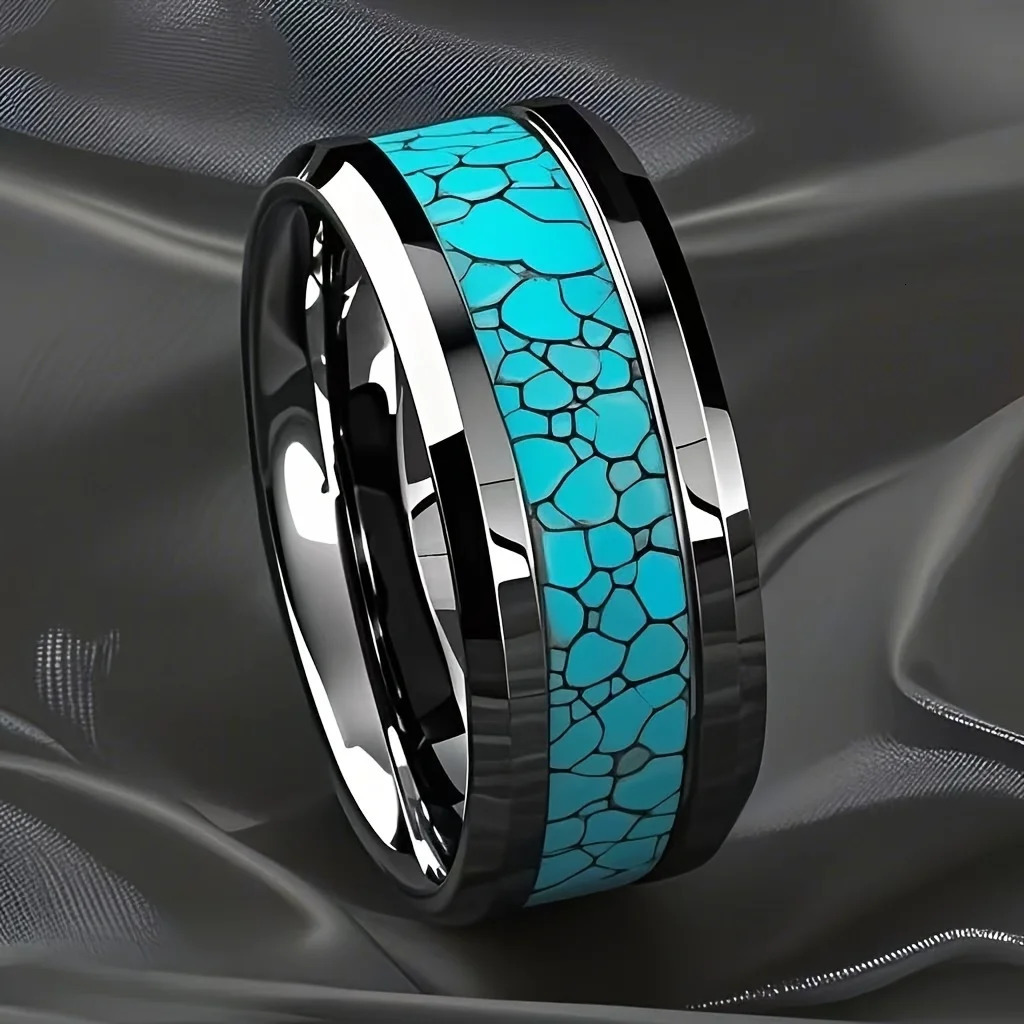 Fashion 8MM Inlay Men Blue Turquoise Rings Beveled Edge Stainless Steel Rings for Men Women Wedding Engagement Band Jewelry Gift 251110