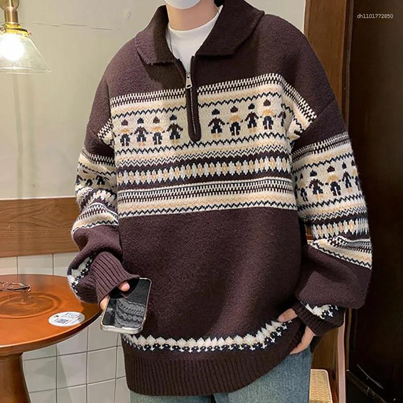 Men's Sweaters Autumn Winter Lapel Zipper Christmas Sweater Knitwear Jumpers Vintage Pattern Personalized Pullover Y2K Male Knit