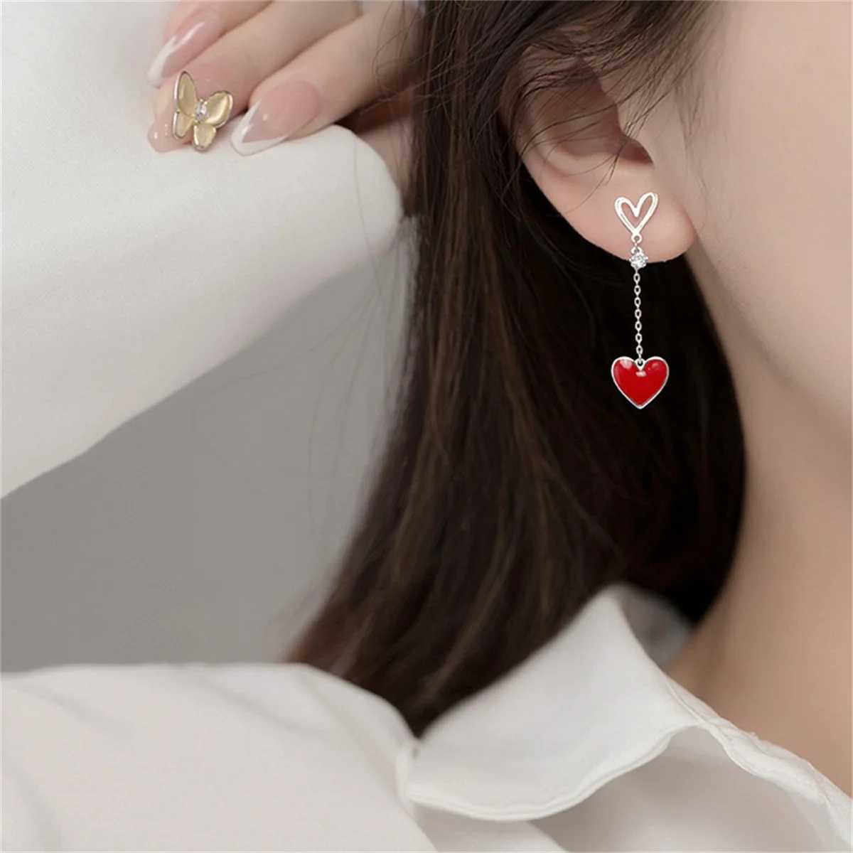 Korean New Design Asymmetric Love Heart Earrings For Women Girls Elegant Pearl Long Tassel Drop Earrings Fashion Jewelry Gift J251110