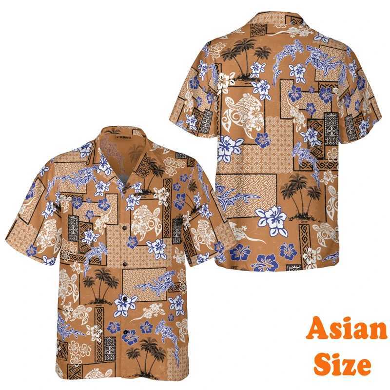 Summer vintage Polynesian shirt mens 3D printed turtle funny Hawaiian shirt collar short sleeved fashionable shirt X250410