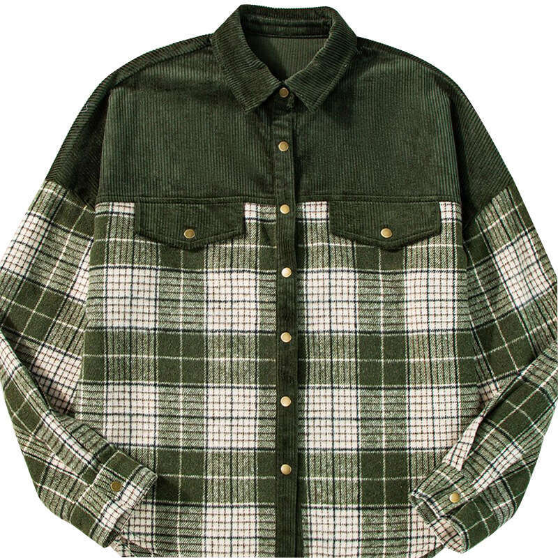 Wish Cross-Border Amazon Foreign Trade European and American Plaid Color-Block Corduroy Jacket 2025 Autumn Winter Long Sleeve Top for Women