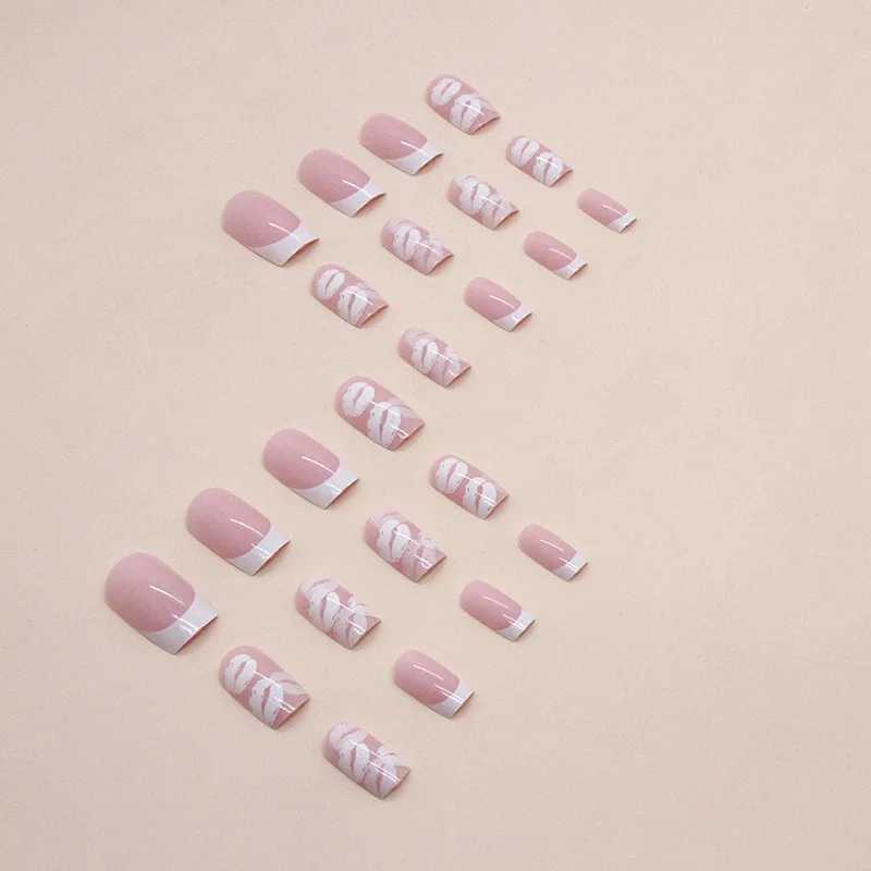24 pieces of white lips pressed on nails pink gradient fake nails smooth artificial fingers reusable female fake nails W250410