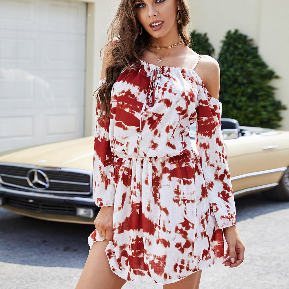 2024 Spring/Summer New Women's Lace up Elastic Waist Tie Dye Printed Strap Dress Holiday Leisure Short Skirt