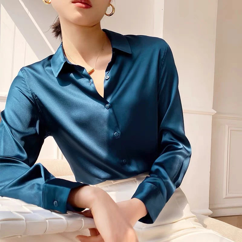 Spring and autumn elastic satin womens shirt long sleeved lapel Korean casual loose office womens shirt 250409