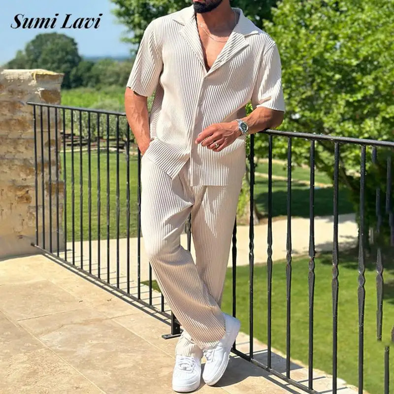 Spring and summer fashion mens two-piece casual solid color short sleeved ribbed shirt and pants set mens streetwear set 250410