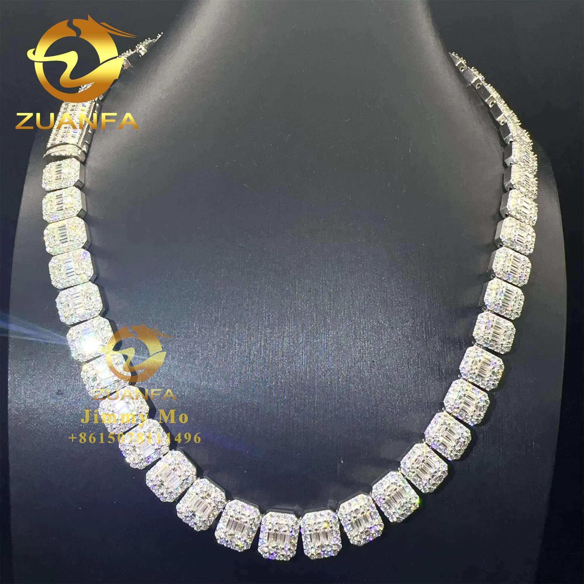 Fashion GRA Certificates 925 Silver 13mm Iced Out Hip Hop VVS1 baguette Moissanite Diamond Cluster Tennis Chain Necklace