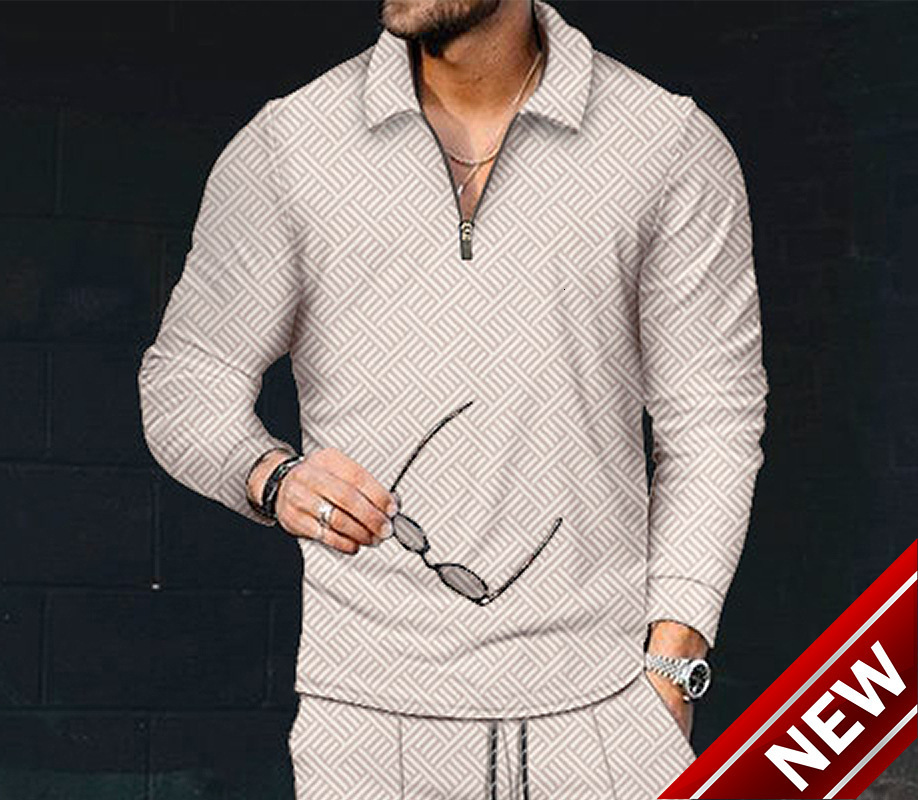 New mens printed polo shirt lapel long sleeve pullover casual mens T-shirt