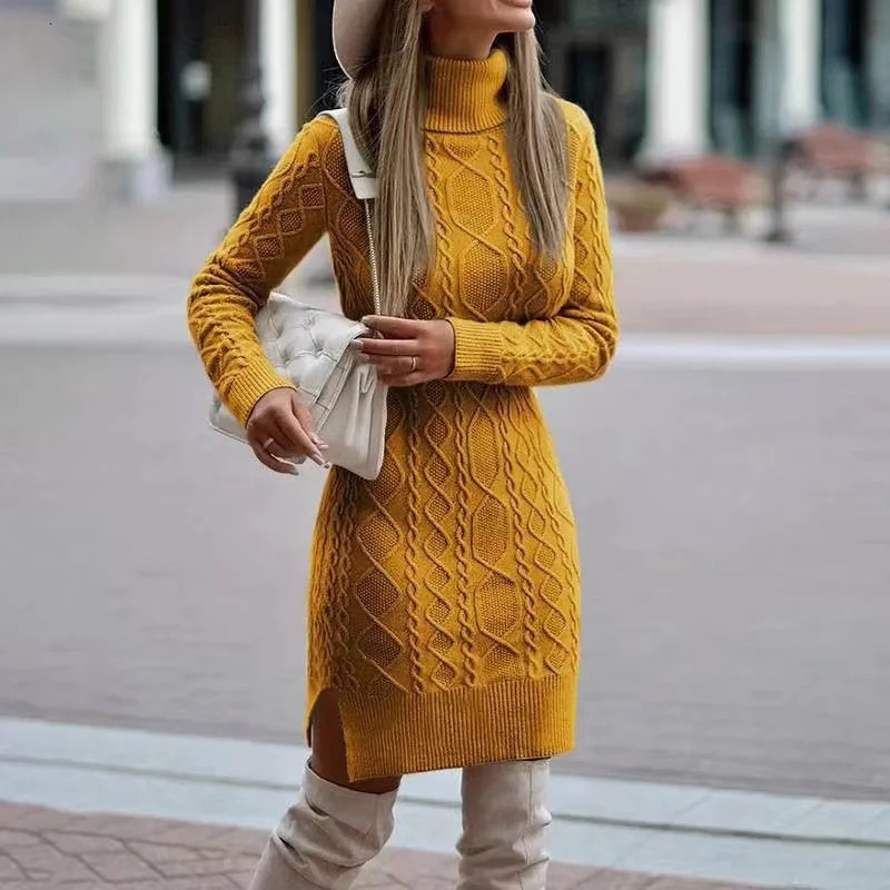 Autumn Winter Womens Knitted Wrap Hip Skirt High Neck Warm and Thickened Elegant Sweater Long Sleeve Dress 251110