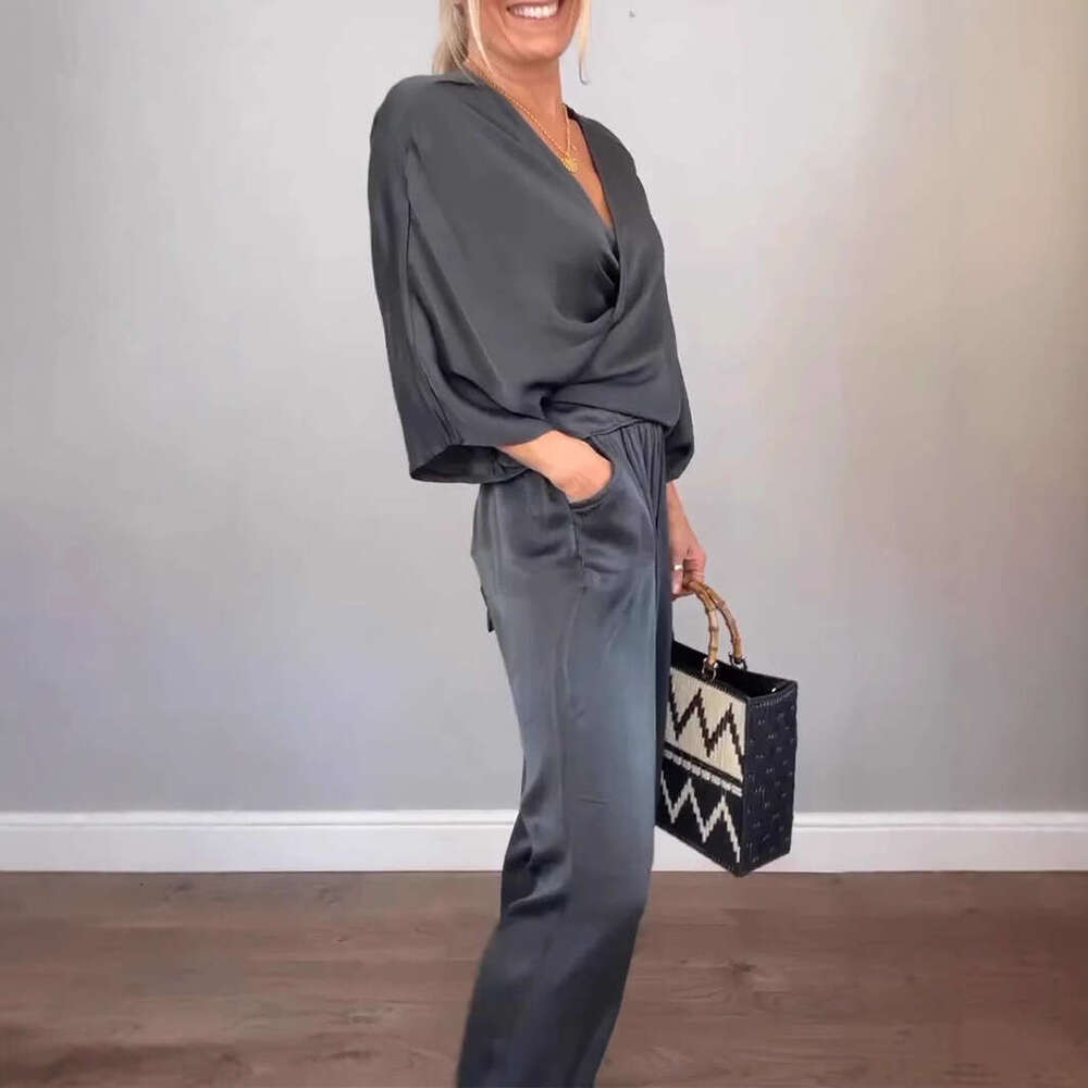 2025 Summer New European American Cross-Border Women's Clothing Independent Station Foreign Trade Solid Color Satin Short Sleeve Top and Pants Se