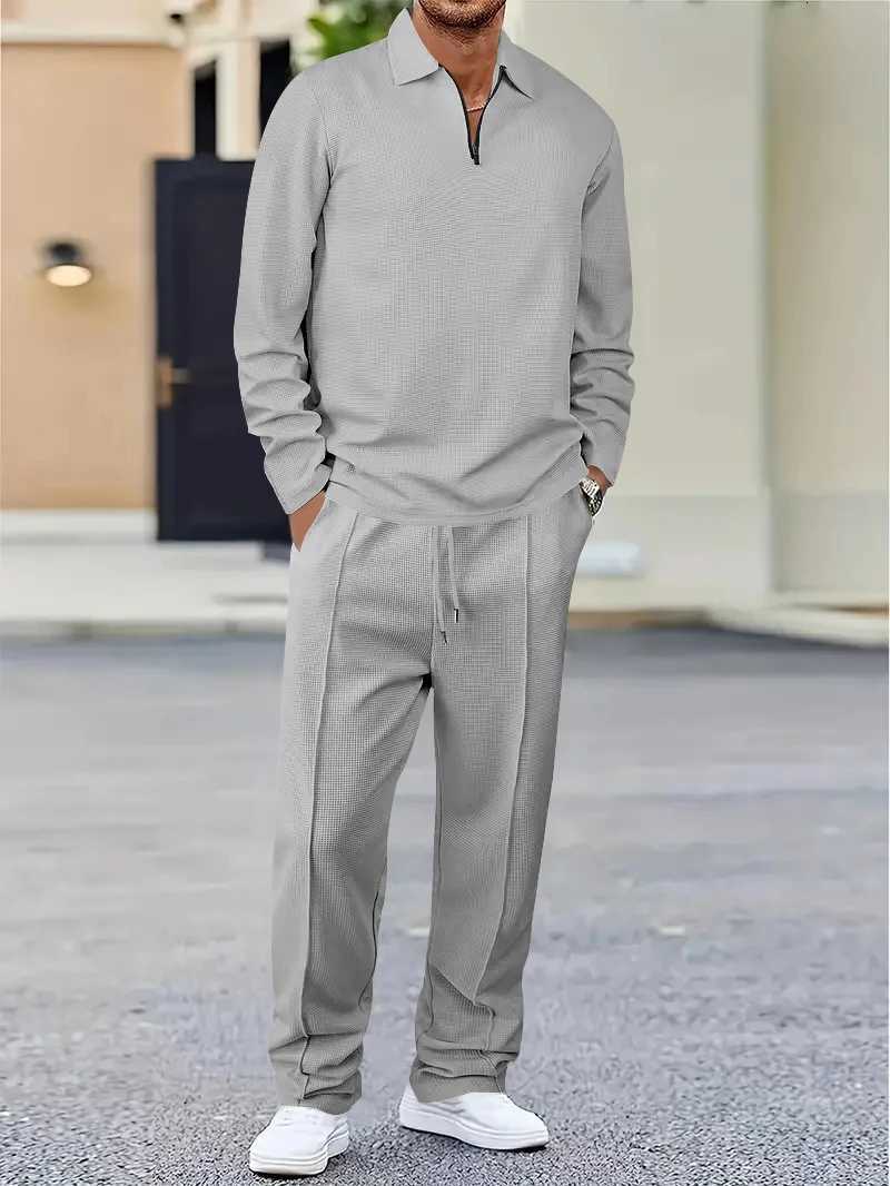 New Spring And Autumn Fashion Mens Solid Color Waffle Leisure Suit Lapel Multi-Functional Loose Sportswear Mens Leisure Suit W251110