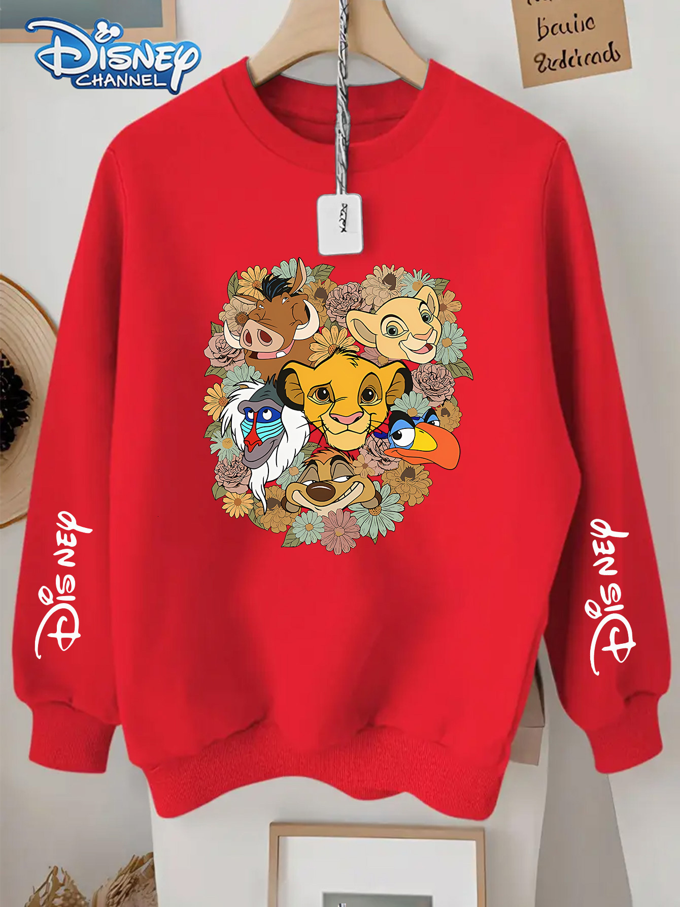 Disney Officially Licensed, Simba, Mufasa, Pumbaa, Timon, Rafiki, and Zazu Pattern Print, Plus Size Crew Neck with Multiple Prints, Casual Fashion Ver