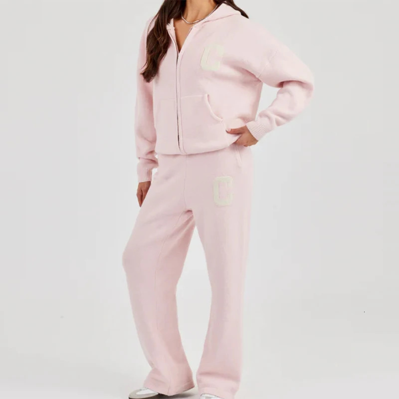 Knitted Womens Pant Sets Hooded Long Sleeve Dropped Shoulder Zipper Female Jacket Solid Elastic Waist Straight Pants For Ladies 251110