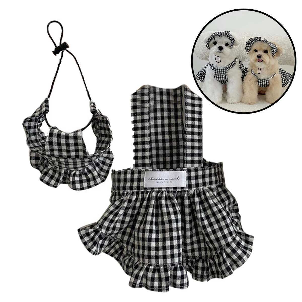 Small Dog Skirt with Caps Suit Pet Birthday Costume Black and White Plaid Dress and Hat Set for Small Medium DogTeddy Cat Clot J251110