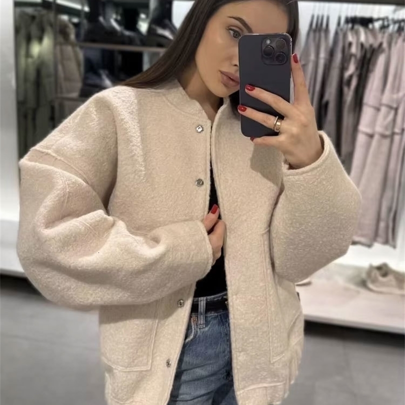 Women Fashion With Pockets Oversized Bomber Jacket Coat Vintage Long Sleeve Snap Button Female Outerwear Chic Tops 251106