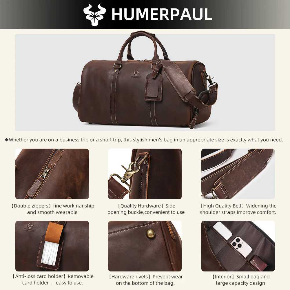 HUMERPAUL Crazy Horse Leather Business Duffel with 15 Laptop Compartment Shoe Pocket Large Capacity Luggage Travel Bag For Suit K251110