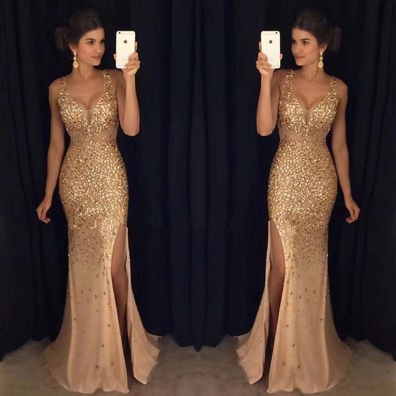 2025 Autumn Winter Foreign New Slit Gold Stamping Long Night club maxi dress Gown SEXY DRESSES FOR WOMEN