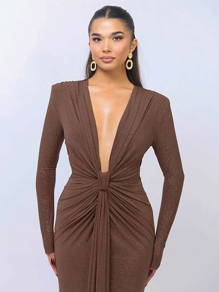 Streamer Glitter Long Dresses Deep V Ribbon Split Women Sparkle Dress Sexy Slim Fit Socialite Elegant Club Evening Gown Robes