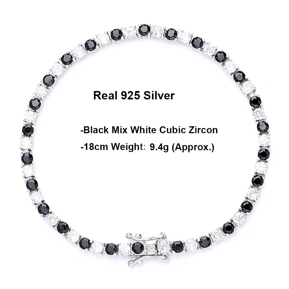 m S925 Silver Tennis Bracelet Pave Black Mix White Cubic Zircon 16-21CM Hiphop Rock Solid Fine Jewelry For Women/Men 250408