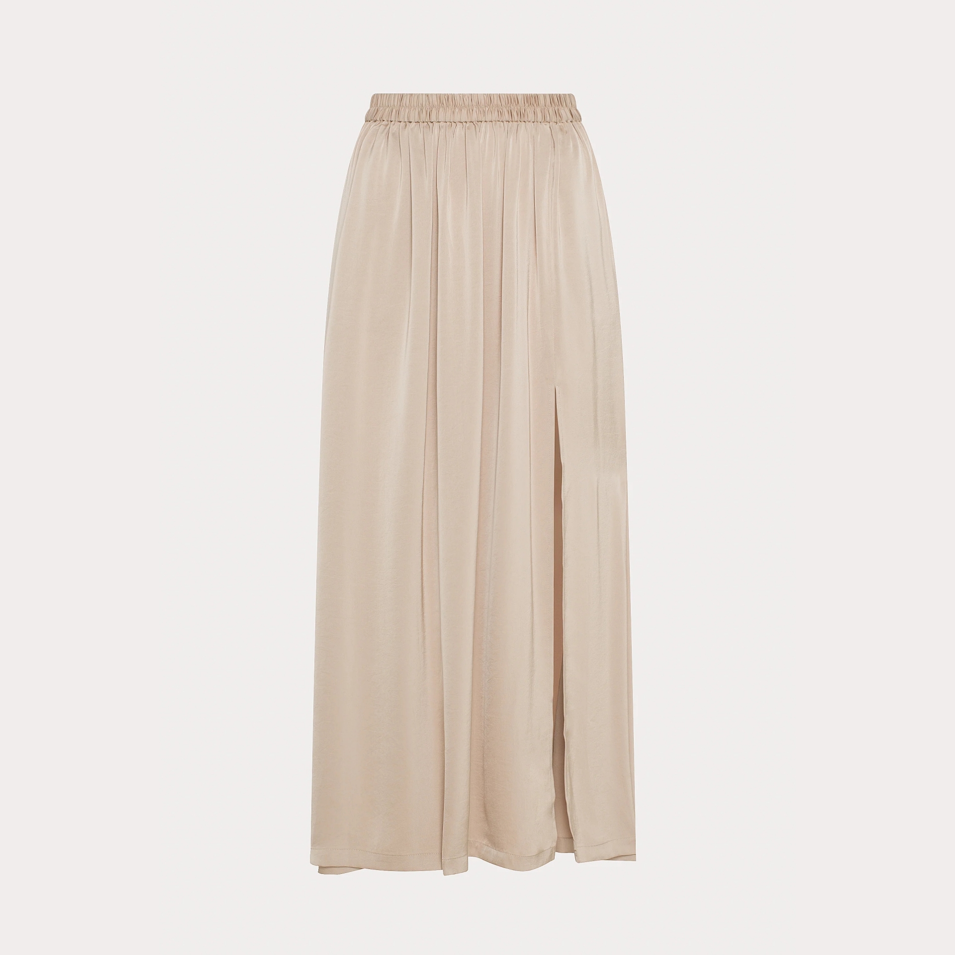Women's Beige Satin Maxi Skirt, Elastic Waist Side Slit with Pockets Ankle-Length Skirt