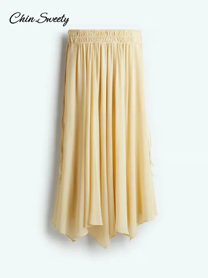 Spring Yellow Long Skirt Suit Women 2 Pieces V-neck Lace Up Ruffles Shirts Pleated Skirt 2025 Elegant Lady Vacation Beach Outfit 250409