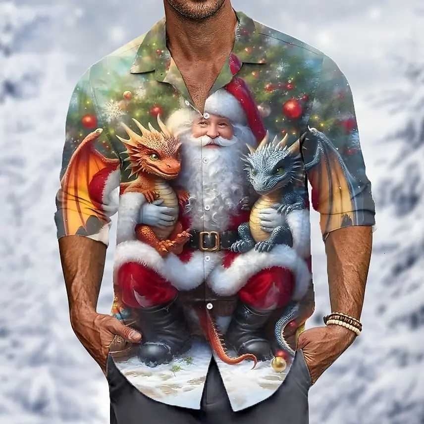 Christmas Mens Santa Claus Dragon funny christmas Shirt Button Up Shirt Long Sleeve Funny Christmas Gifts Holiday Spring Fall K251110