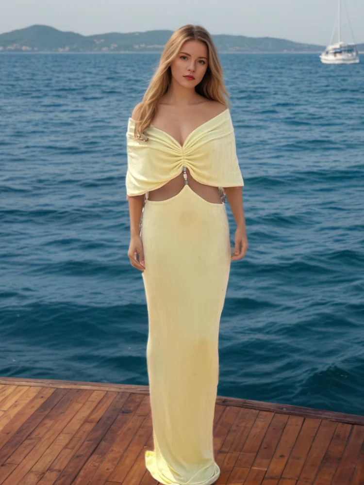 Elegant V Neck Pleating Yellow Maxi Dress For Women Fashion Cut Out Slim Fit High Waist Robes Summer Holiday Beach Dresses 250409