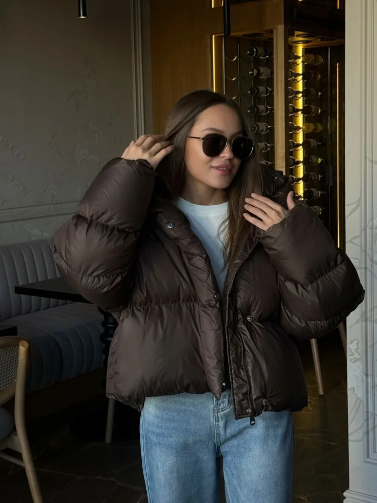 Deep Brown Short Cotton Coat Women Casual Lapel Full Sleeve Single Breasted Loose Jacket Lady 2025 Winter Office Commute Outwear 251107