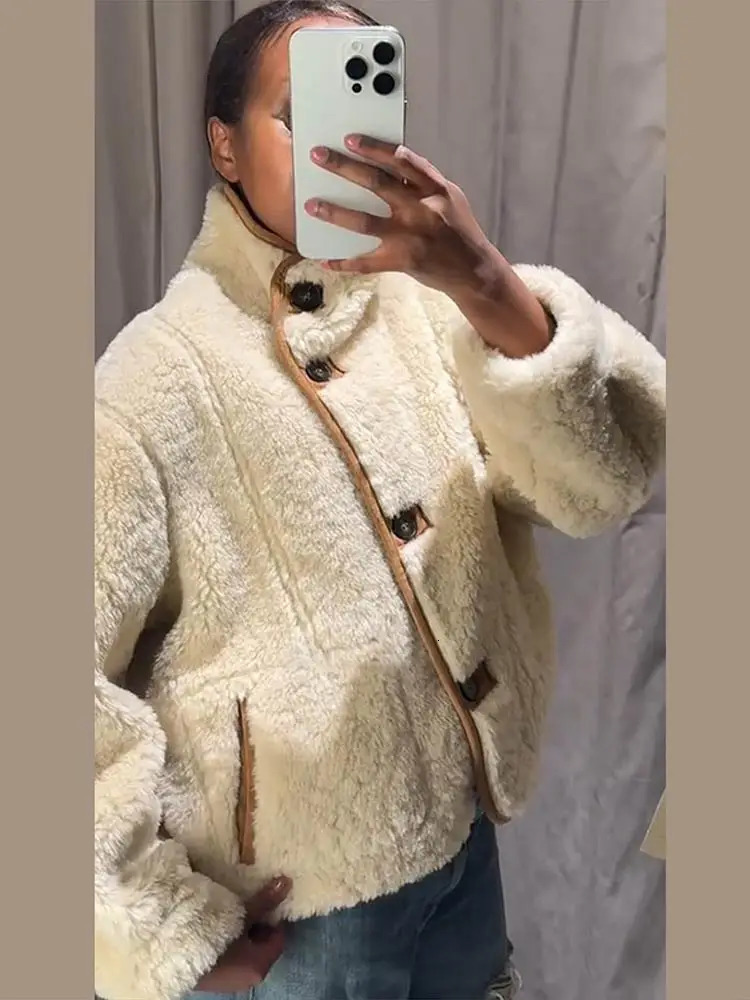 Vintage Womens Reversible Cropped Jacket Stand Collar Tops Button Front Coat Warm Autumn Winter Outerwear High Street Clothes 251103