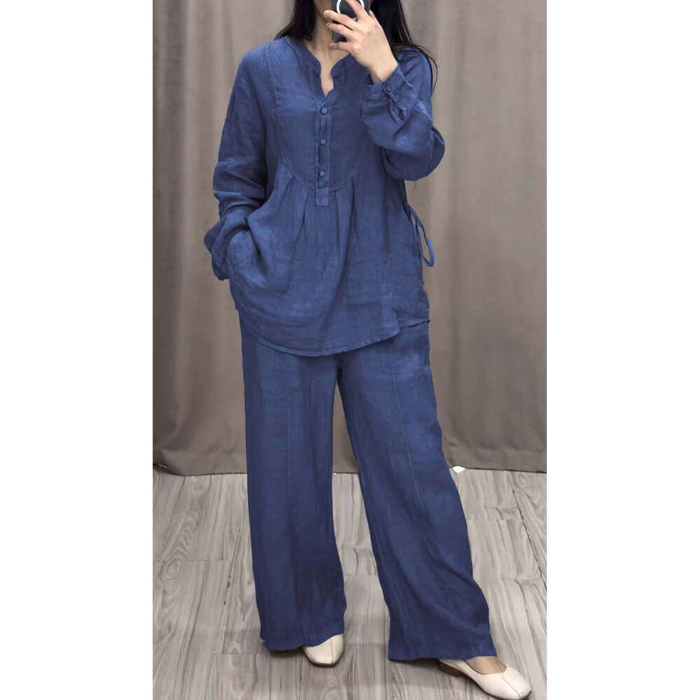 2025 European and American Independent Station Autumn New Fashion Comfortable Cotton Linen Long Sleeve Half-Open Front Casual Pleated Wide-Leg Pants S
