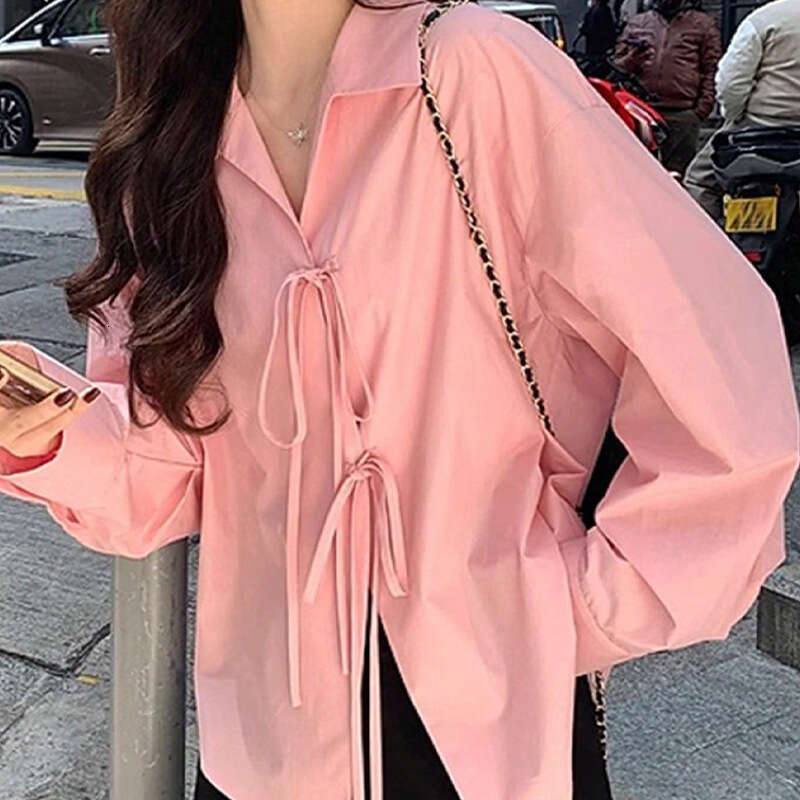 Cross-Border Amazon Foreign Trade European and American Style Elegant Long Sleeve Shirt 2025 Autumn New Solid Color Lace-Up Blouse Cardigan for Women