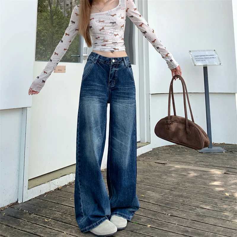 2025 Autumn Womens Y2K Jeans Dongdaemun Navy Back Whisker Jeans Loose Straight Leg Casual Denim Pants 2742 C251110