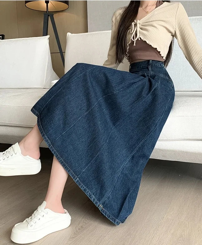Chic Pleated Jeans Skirts SpringSummer High Waist Long Wash Womens Straight Loose Cowboy Midi 250410