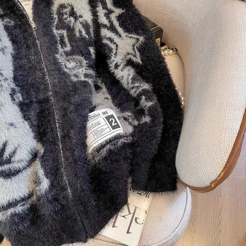 Fashion Y2k American Vintage Gothic Print Autumn Winter Sweaters Cardigan 2000s Subculture Loose Casual Long Sleeve Zipper Cardigan Chic Y251110