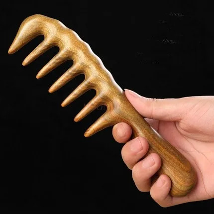 Green sandalwood head meridian comb scalp massage big tooth natural genuine sandalwood comb wide tooth hair loss 251107