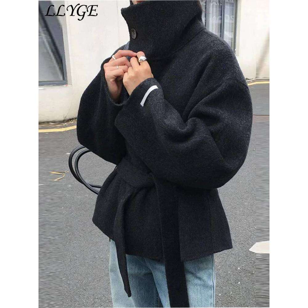 Street Women's Belt Stand Collar Woolen Coats Chic Single Breasted Full Sleeve Jacket 2025 Autumn Winter Lady Commute Outwear