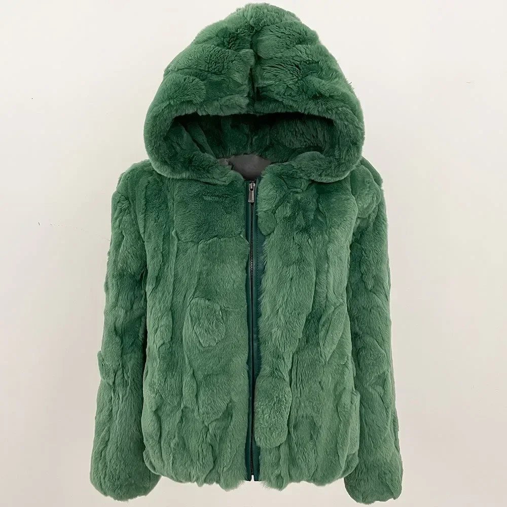 Hooded Real Rabbit Fur Jacket Warm Women European Fashion Female Winter Natural Coat Zipper Lady 251110